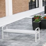 commercial outdoor metal garden and park benches in a bright and modern silver white
