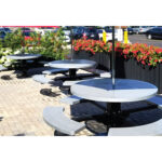 powder coated commercial patio picnic tables in the public square outside Walmart
