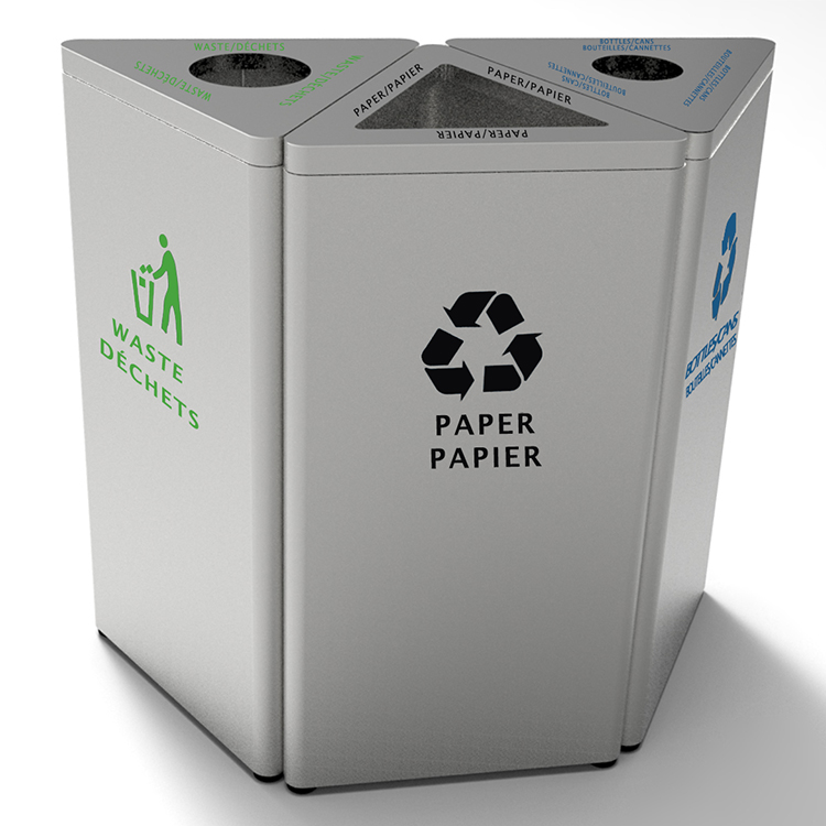 outdoor stainless steel recycling receptacle finished with custom colored labels