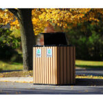outdoor street commercial recycling bin in a beautiful fall season in a national park