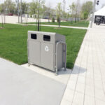 outdoor commercial recycling station in a custom silver color is doing its job on the street in downtown Toronto
