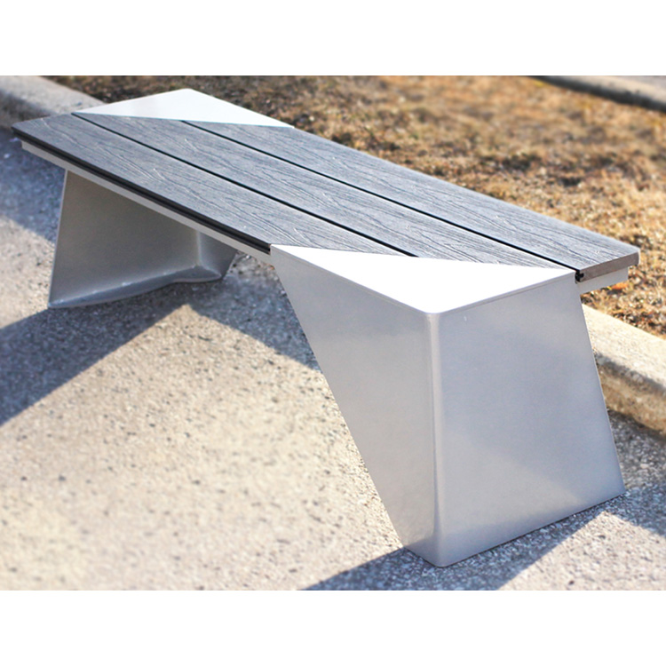 custom colored minimalistic styled recycled plastic park and patio bench on a park sidewalk