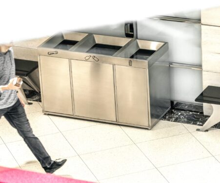 stainless steel commercial recycling Bin CRC-792 in a shopping center in downtown Toronto
