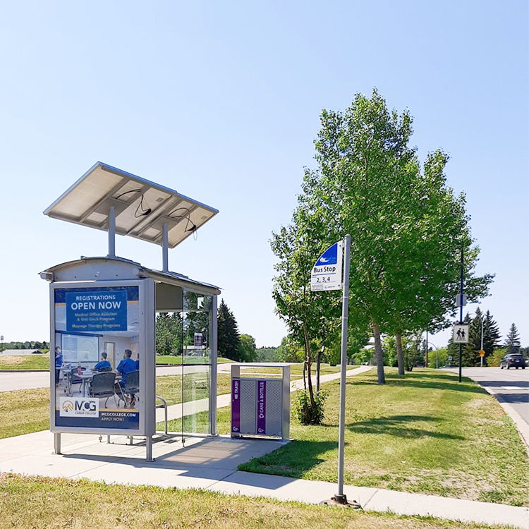 Recycling receptacle Commercial Park Recycling Bin CRC-814-a is in service at a bus stop in the City of Cold Lake