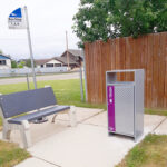 powder coated steel Commercial Park Trash Bin CAY-814-c in a custom color at a bus stop