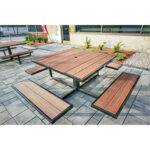 2 commercial plastic park picnic dining tables are custom in a red brown color