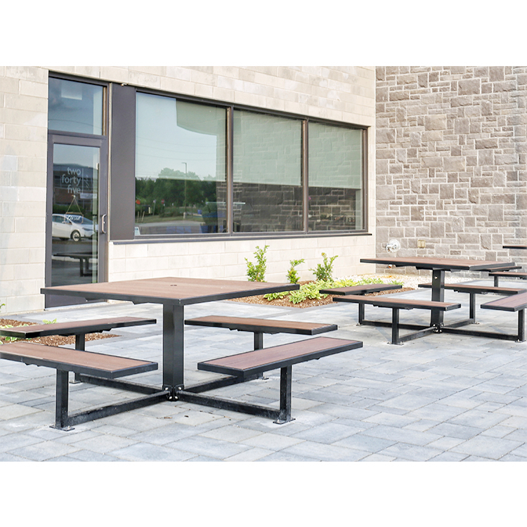 2 recycled plastic made square commercial park dining patio tables outside the office