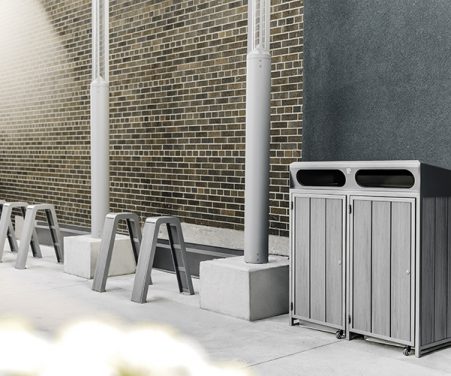 commercial outdoor furniture including recycled plastic bike racks and a recycling receptacle were installed at the City of Hamilton