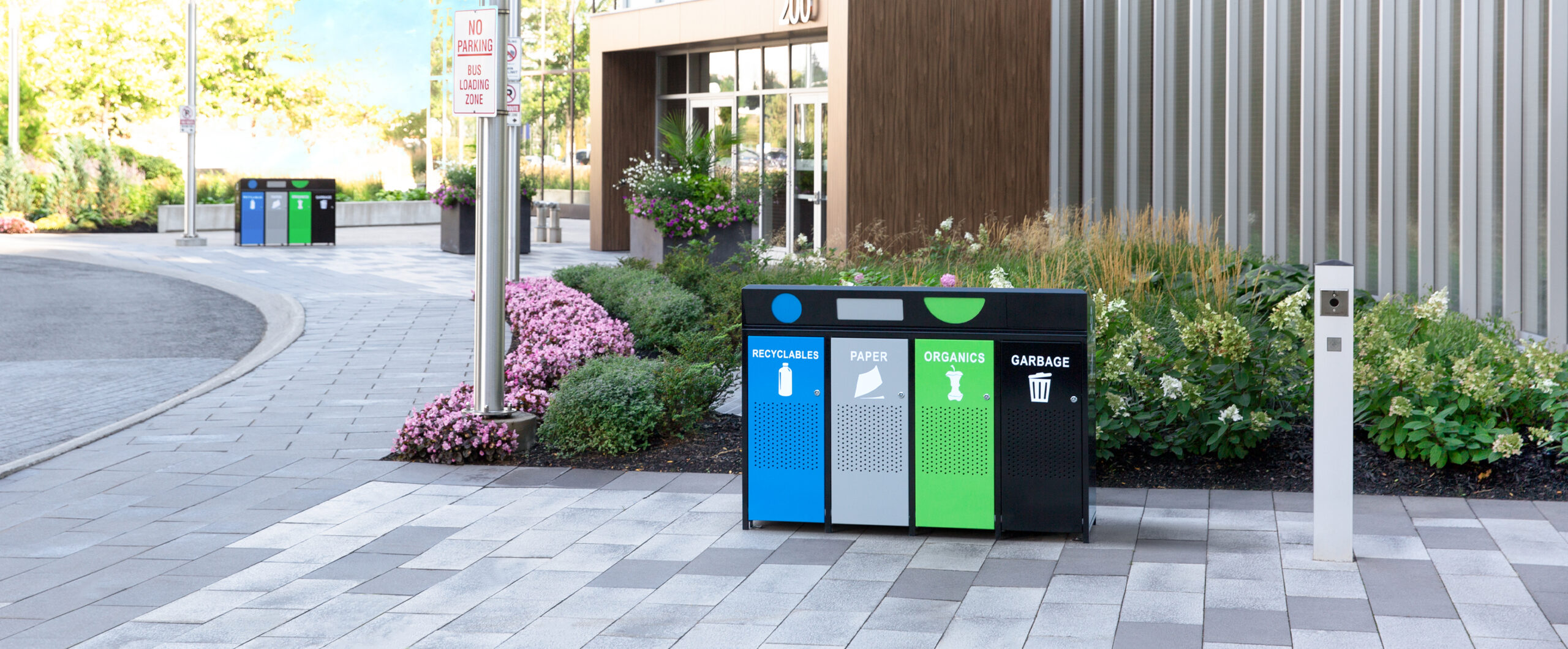 custom designed multi-purpose recycling bin at 300 Consilium Place, Toronto