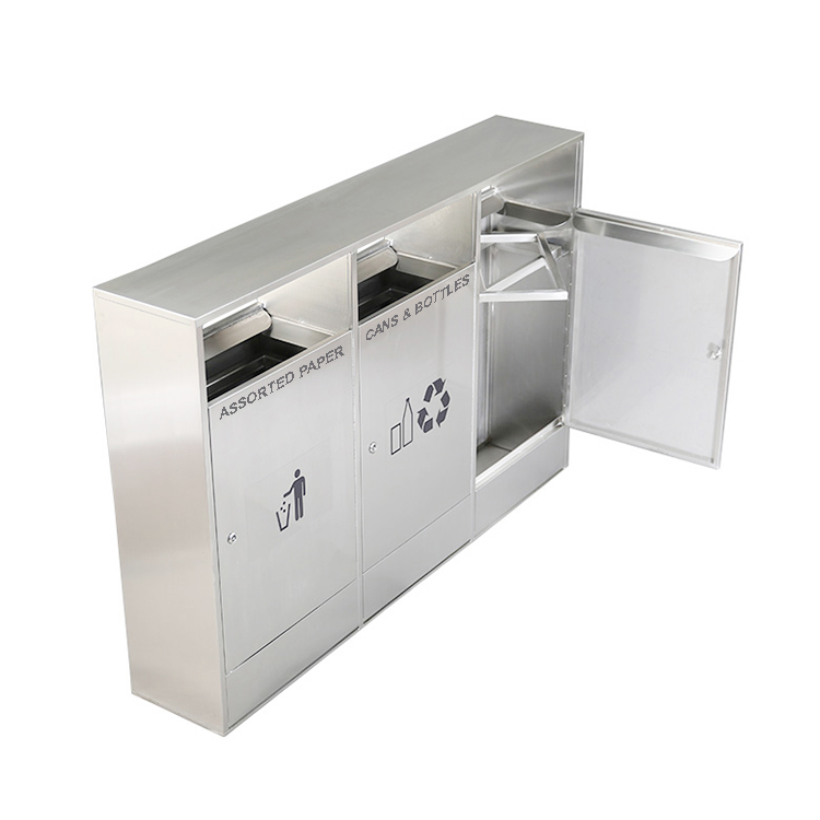 stainless steel recycling receptacle with an open door