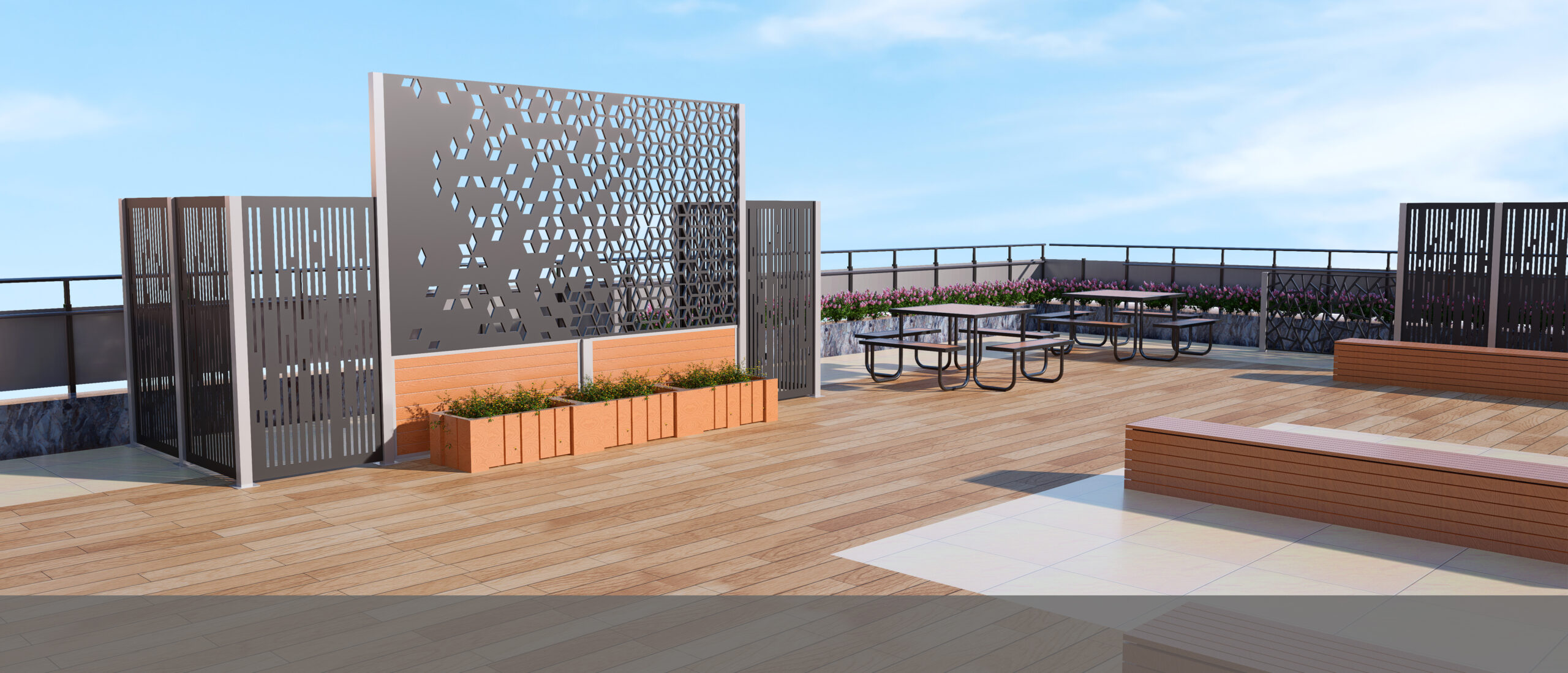 wall panel & picnic table & commercial bench on a rooftop patio of a commercial building