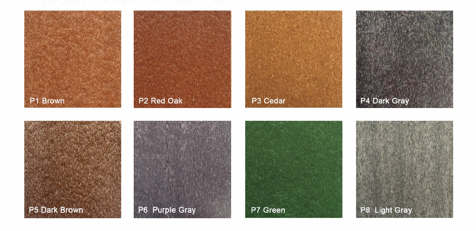 8 Recycled Plastic Lumber colour. Brown, red oak, cedar, dark gray, dark brown, purple gray, green, light gray